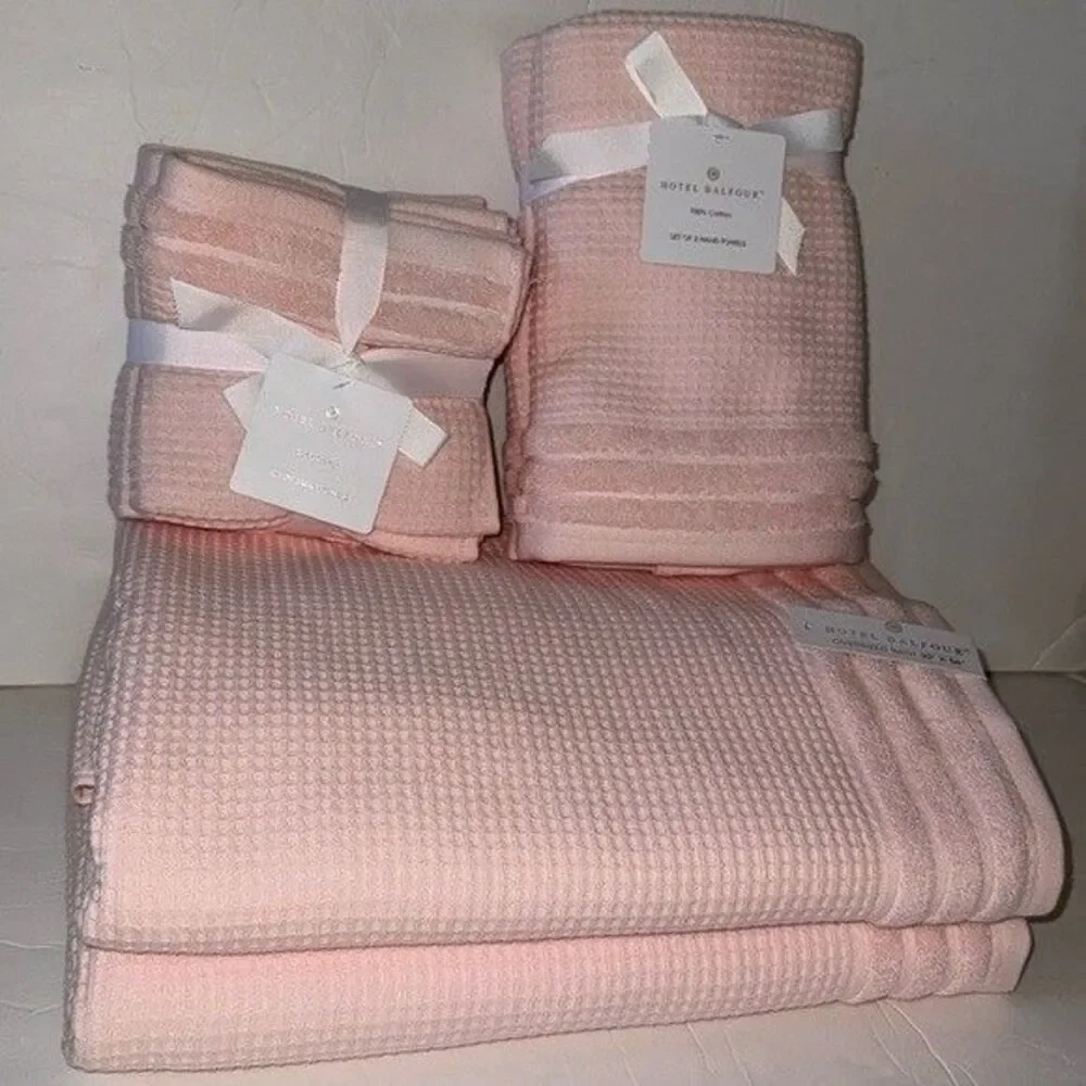 NWT Hotel Balfour 9 Piece 100% Cotton Bath Waffle Weave Towel Set Soft Pink
